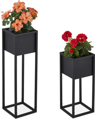 Produktbild von Relaxdays Blumenständer 2er Set, Metall, 2 Größen, mit Gestell, Wohnzimmer & Flur, eckiger Pflanztopfständer, schwarz