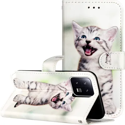 Produktbild von CLM-Tech Hülle kompatibel mit Xiaomi 13 - Tasche aus Kunstleder - Klapphülle mit Ständer und Kartenfächern, fröhliche Katze