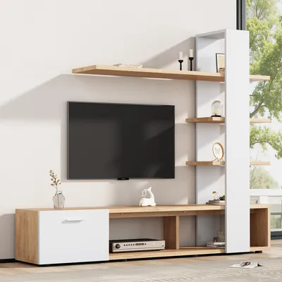 Image de MODFU Ensemble Mural TV Moderne 180 cm - Banc TV et Armoire Murale en Panneau de Particules - Design Bicolore Blanc et Bois - Pour Télé 60 Pouces