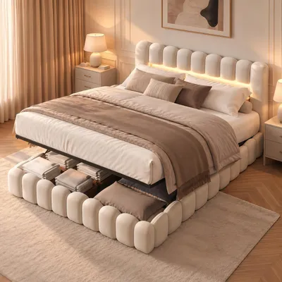 Produktbild von SUNFECILI Polsterbett 180x200 cm,Boxspringbett 180x200,mit Lattenrost,Weicher Rückenlehne und Kopfteil,USB,LED,Doppelbett,Baumstumpfbett,Leinen,Beige