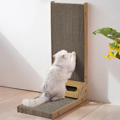 Produktbild von Livingandhome Kratzbrett L-Form Kratzspielzeug für Katzen, Wellpappe & Holzrahmen, 60x40x25cm, mit Glockenball
