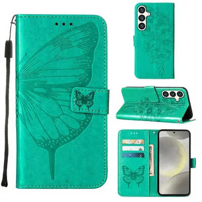 Produktbild von Galaxy S25 Hülle, Schmetterling Prägung Leder Kartenfächer Schutzhülle mit Ständer für Samsung Galaxy S25 Grün