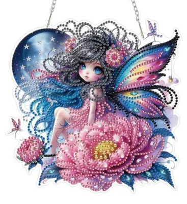 Produktbild von Diamant Malerei Hängendes Ornament Kit Blumenfee Pfingstrose 5D Fensterbilder Beidseitig mit Kette 19.3×19.3cm Lila Pink Blau