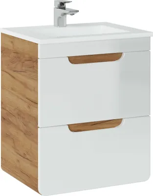 A white and wood-grain bathroom vanity with two drawers and a sink on top, with a chrome faucet.