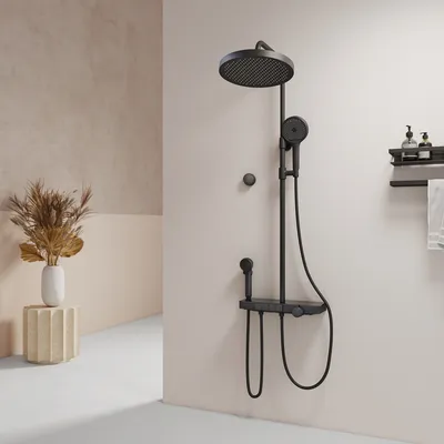 Produktbild von EMKE® Sprchový systém s termostatom 38 ℃ Kúpeľňové a sprchové armatúry, luxusná dažďová sprcha 40 cm sklenená polička s 3+1 ručnou sprchou pre rodičov a deti + sprchová lišta - čierna