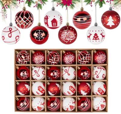 24 unzerbrechliche Weihnachtskugeln Ø6cm, rot-weiß