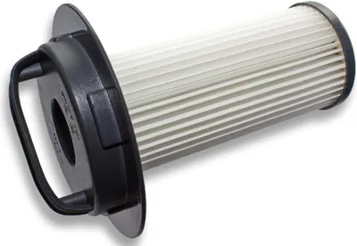 A vacuum cleaner filter with a black handle and white pleated filter media.