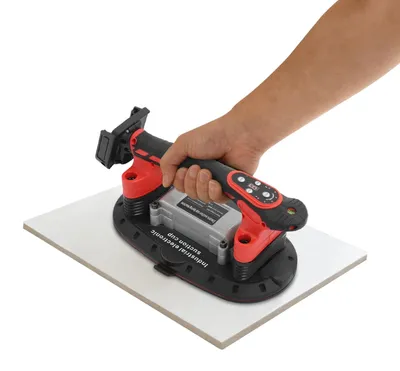 Produktbild von Fliesenvibrator - Handgerät zur Fliesenverlegung - Vakuum-Saugnapf 400 kg - 13000 U/min - Digitalanzeige - 21 V Akkubetrieb - Schwarz Rot