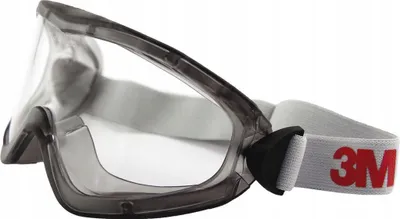 A close-up shot of a pair of safety goggles with a white elastic strap featuring the 3M logo.