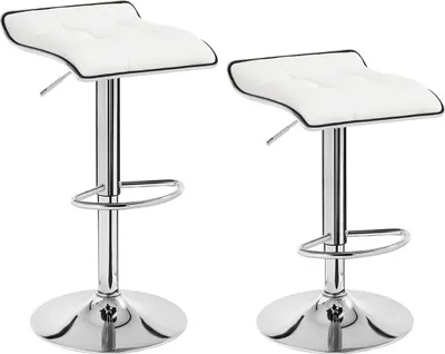 Two white bar stools with chrome bases and accents, presented against a white background.
