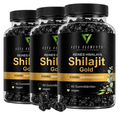 Productafbeelding van Vita Elements Himalaya Shilajit Gold Gummies Set van 3 60 stuks Ashwagandha Gokshura Voedingssupplement, AI-gegenereerde afbeelding