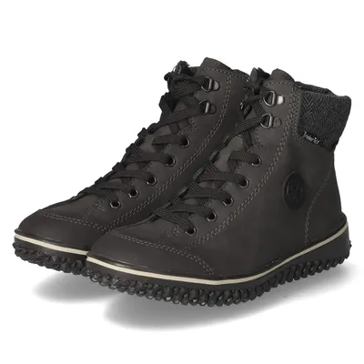A pair of dark gray high-top lace-up boots with a textured sole and a patterned fabric cuff.