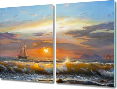 Produktbild von Coloray Hackbrett Kochplattenabdeckung Herdabdeckplatte 2x40x52 cm Schneidebrett Küchenbrett - Coast Sonnenuntergang Wellen