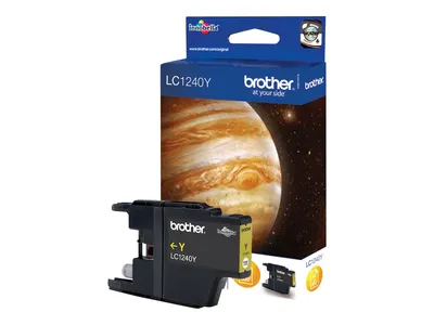 A Brother LC1240Y yellow ink cartridge and its packaging are displayed against a white background.