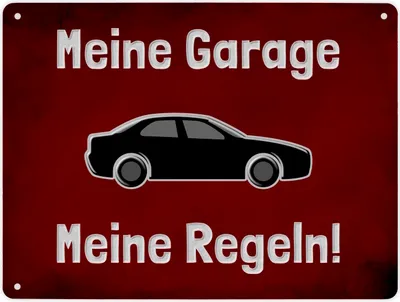 Produktbild von Meine Garage Meine Regeln! Metallschild XL in 21x28 cm mit Auto und rotem