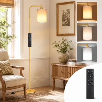 Produktbild von LED Stehlampe Gold mit Fernbedienung, 3000-6500K, dimmbar 20-100%, 12W Leseleuchte mit Lampenschirm, Moderne Ecklampe für Wohnzimmer/Schlafzimmer/Büro