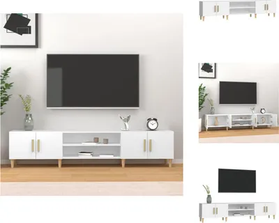 A white TV stand with gold accents is shown in a room with a large TV mounted on the wall above it.