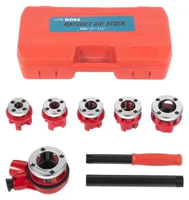 Image de Kit de tarauds pour tubes - Tarauds à cliquet - 6 têtes de taraudage BSPT de 0,6 à 3,2 cm - Pour tubes en acier/cuivre/galvanisés - Acier allié - Livré avec une mallette de transport - Rouge