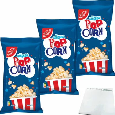 Produktbild von Gut & Günstig Popcorn süß 3er Pack (3x200g Beutel) + usy Block