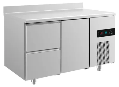 Produktbild von Gastro Kühltisch | Edelstahl | 1 Tür / 2 Schubladen | Aufkantung | 1400 x 700 x 850 mm | -2 / +8 °C | 281 Liter