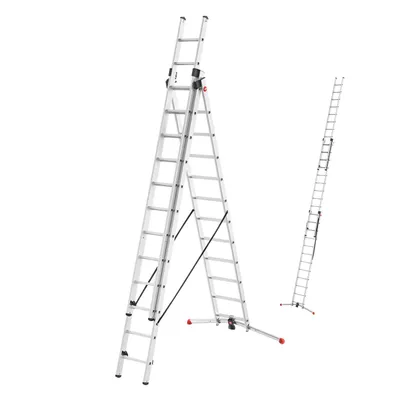 Produktbild von Hailo S100 ProfiLOT 3-teilige Alu-Kombileiter mit Lot-System - gleicht Unebenheiten aus - 3 x 12 profilierte Sprossen belastbar bis 150 kg - Aluleiter  Germany - Leiter rostfrei - Silber