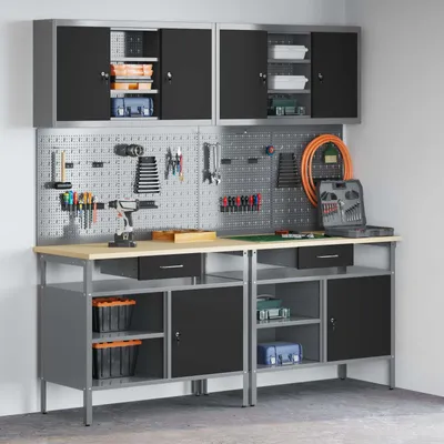 Produktbild von vidaXL Werkbank-Set 8 pcs Rot und Grau Pulverbeschichteter Stahl