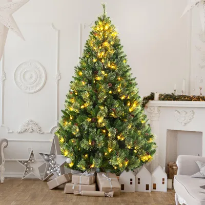 Produktbild von Künstlicher Weihnachtsbaum 180 cm, warmweiße LEDs, PVC+PE, Holzfuß, 1080 Spitzen, 210 Warmweiße LED, 46 Zweige–Realistisch, Tannenbaum, Christbaum
