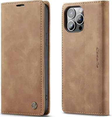 A brown leather-look phone case for an iPhone 14 Pro is shown from two angles: one side view showing the folded case and the other showing the back with the camera cutout and branding.