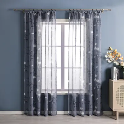 Produktbild von Joyswahl Vorhang Kräuselband modern Voile Gardine (1 St) mit botanischen Mustern Vorhänge transparent Schlafzimmer Wohnzimmer Grau HxB 145x140 cm