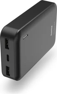 A black power bank is shown from a diagonal angle against a white background.