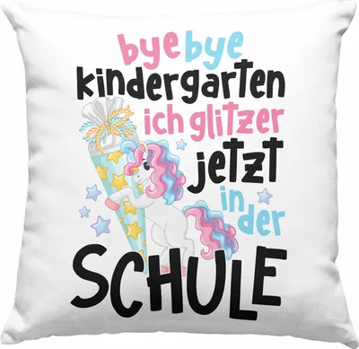 Produktbild von Trendation - Bye Bye Kindergarten Einschulung Mädchen Geschenk Deko-Kissen mit Füllung 40x40 Schulstart 1. Schultag Schuleinführung Schulanfang Geschenkidee 2022 Schulkind Ich Glitzer Jetzt In Der Schule (Blau)