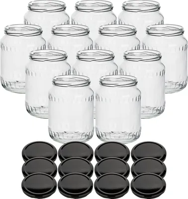 Produktbild von gouveo 12er Set Einmachgläser 720 ml Facette mit Schraubdeckel schwarz BS - Große Vorratsgläser mit Drehverschluss - Leere Gläser für Selbstgemachtes
