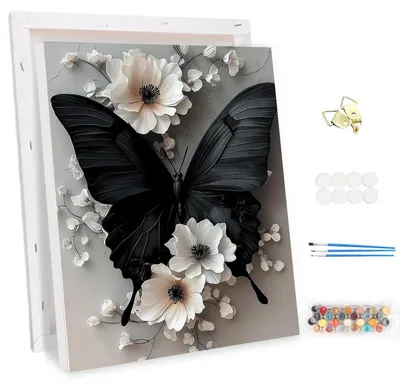 Image de Kit de peinture par numéros pour adultes, avec cadre, motif floral et papillons, peinture acrylique, dimensions 30x40 cm