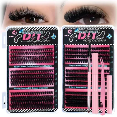Image de Ensemble d'extensions de cils, type "cluster", pour application manuelle, comprenant 456 pièces de 12 à 18 mm, avec applicateur et colle