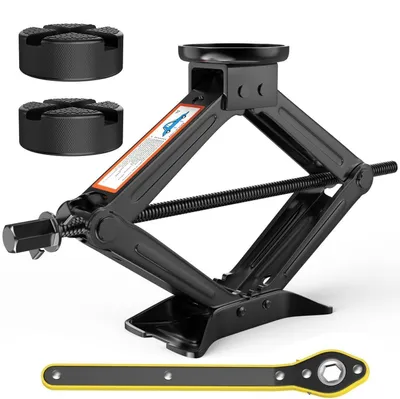 Zdjęcie produktu dla Hydrauliczny podnośnik samochodowy typu "scherenwagenheber" o udźwigu 2 tony, wyposażony w gumowe podkładki, z zakresem podnoszenia od 10 do 42 cm, idealny do samochodów osobowych, SUV-ów i minivanów, zestaw awaryjny