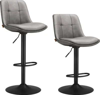 Two gray bar stools with black bases and footrests are shown against a white background.