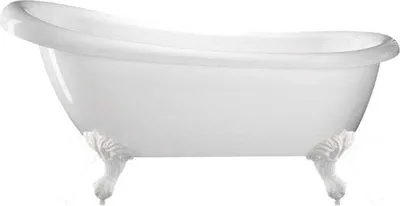 A white freestanding bathtub with ornate feet, isolated on a white background.