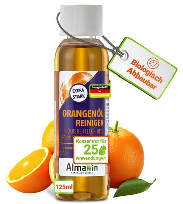 Produktbild von AlmaWin® Orangenöl Reiniger EXTRA STARK [125ml] ideal als starker Allesreiniger & Fettlöser - Veganes Orangenreiniger Konzentrat mit fruchtigem Duft - Besonders ergiebiger Orangenölreiniger