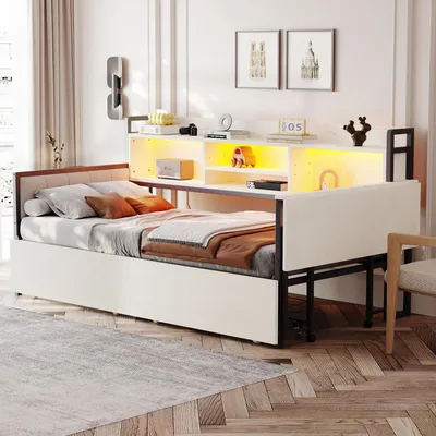 Produktbild von STILVORA Schlafsofa 90×200cm mit LED-Beleuchtung und multifunktionalem Einzelbett mit Steckdose Bettgestell mit Schublade und klappbarem Schreibtisch ohne Matratze Weiß