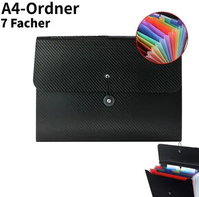 Produktbild von Dokumententasche A4 Fächermappe, A4 Dokumententaschen Kunststoff Dokumentenmappe Erweiterbar Ordnungsmappe, 7 Fächer, Schwarz, 1 Stück