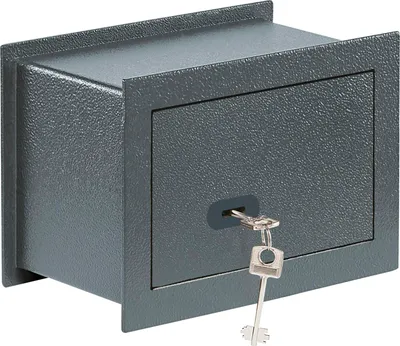 A dark gray safe with a key inserted into the lock is shown from a slightly elevated front-left angle.