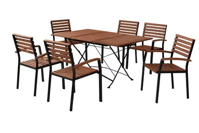 Produktbild von Merxx Gartenmöbel Set Schlossgarten 7tlg., 6 Stapelsessel, Klappausziehtisch 100 (150) x 90 cm - Flachstahl mit Eukalyptus
