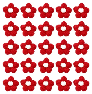 Produktbild von 50 Stück gehäkelte Blumen in Rot/Weiß, 4 cm, zum Aufnähen und für Bastelarbeiten