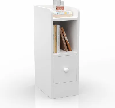 Produktbild von 1x Nachttisch Schmal,Beistelltisch mit Schublade und Offene Fach, Nachtschrank 20cm Breit 60cm Hoch,Sofatisch Aufbewahrung im Wohnzimmer Weiß
