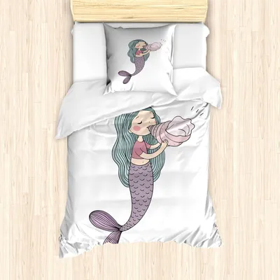 Produktbild von ABAKUHAUS Meerjungfrau Bettbezug Set, Fairytale Character mit einer Seashell-mythologischen Unterwasserfreuden-Kindheit, 135 x 200 cm + 80 x 80 cm, Mehrfarbig