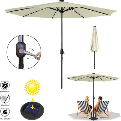Collage of images showing a solar-powered LED patio umbrella, its features, and people using it.