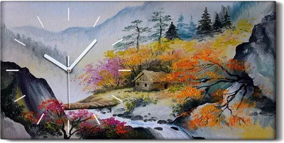 Produktbild von Dekor Leinwand Uhr Wandbilder 60x30 Malerei Abstrakte Berge Bäume Nebel - weiße Hände