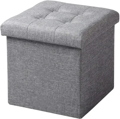 Zdjęcie produktu dla Składany taboret z miejscem do przechowywania, wykonany z lnu | Jasnoszary | 37,5 x 37,5 x 38 cm