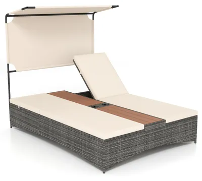 Produktbild von COSTWAY Gartenliege 2 Personen, Polyrattan Doppelliege mit Dach, verstellbaren Rückenlehnen, Auflage, mittlerem Tisch & Getränkehaltern, Loungebett