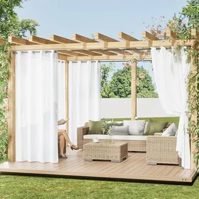 Obrázek produktu pro Venkovní závěs Bílá poloprůhledná sada 2 kusů, V 213 x Š 132 cm, nepromokavé venkovní závěsy, terasové závěsy s očky, venkovní závěsy na balkon a pavilon